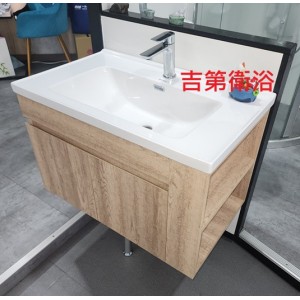 80cm一體磁盆+防水木紋浴櫃+右側開放櫃+面盆龍頭w80*48cm 